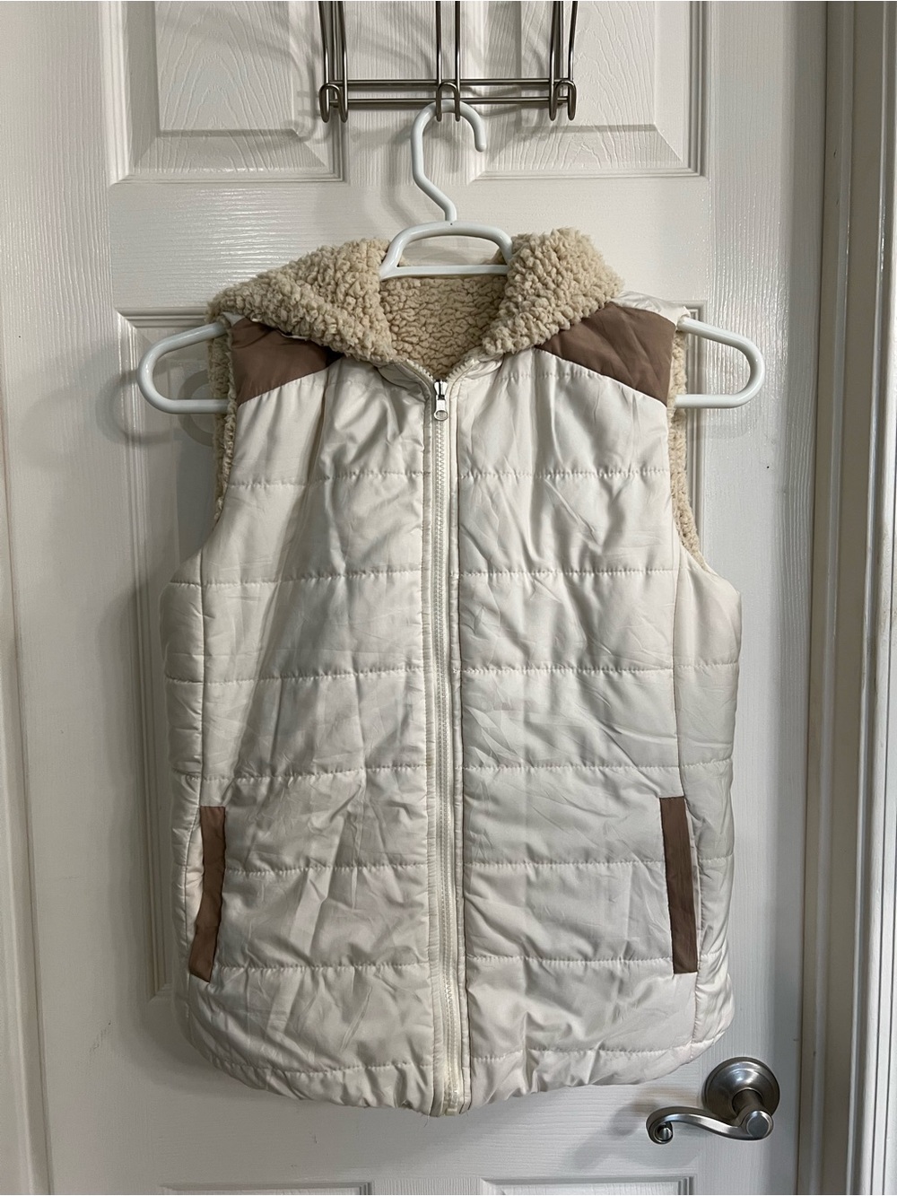 Ivory Quilted Hooded Vest with Sherpa Trim